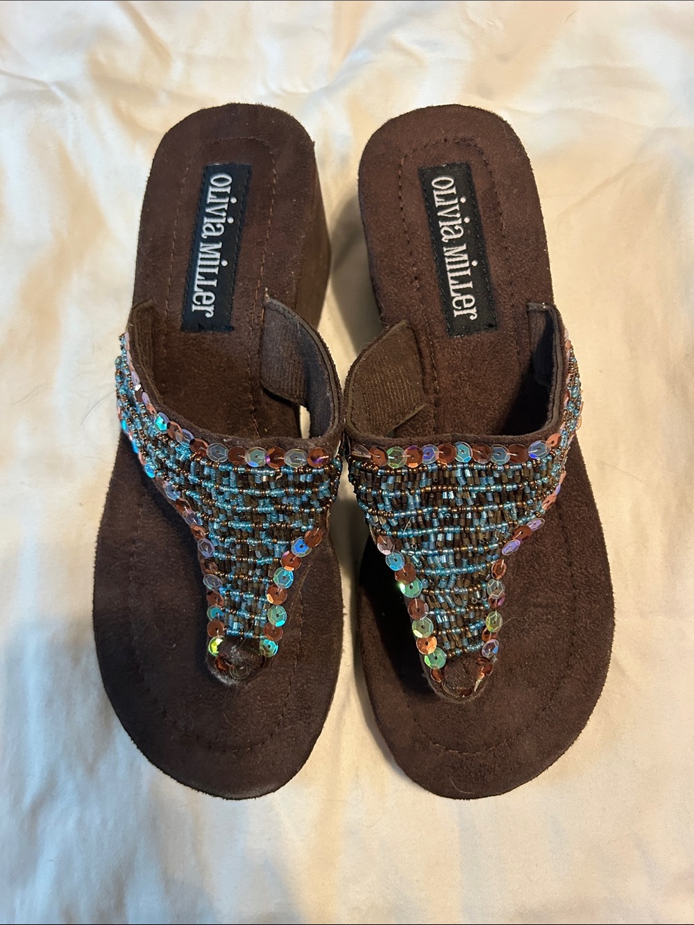 Olivia Miller Brown Beaded Wedge Thong Sandals